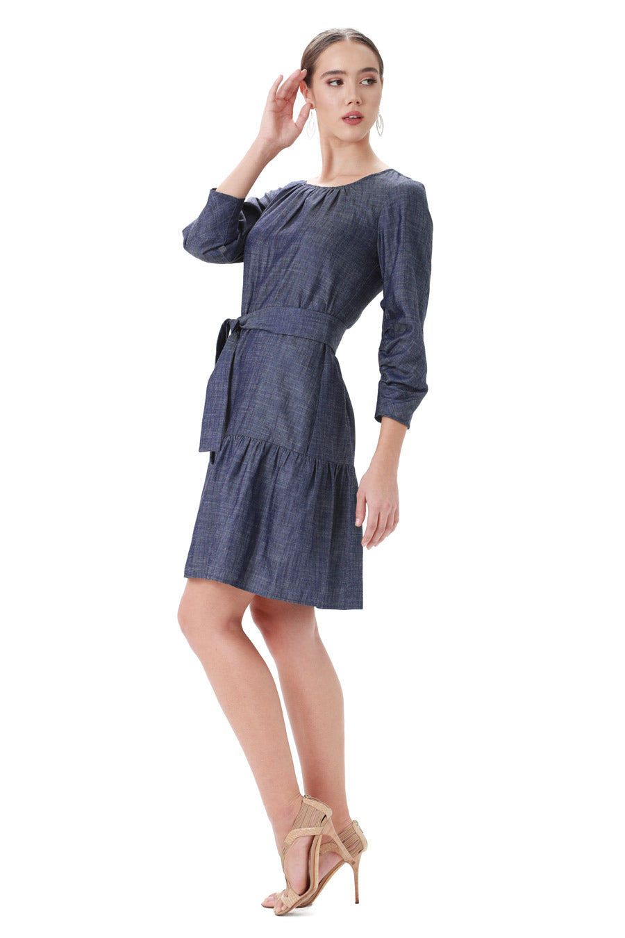 denim chambray belted flounce dress shirred sleeves