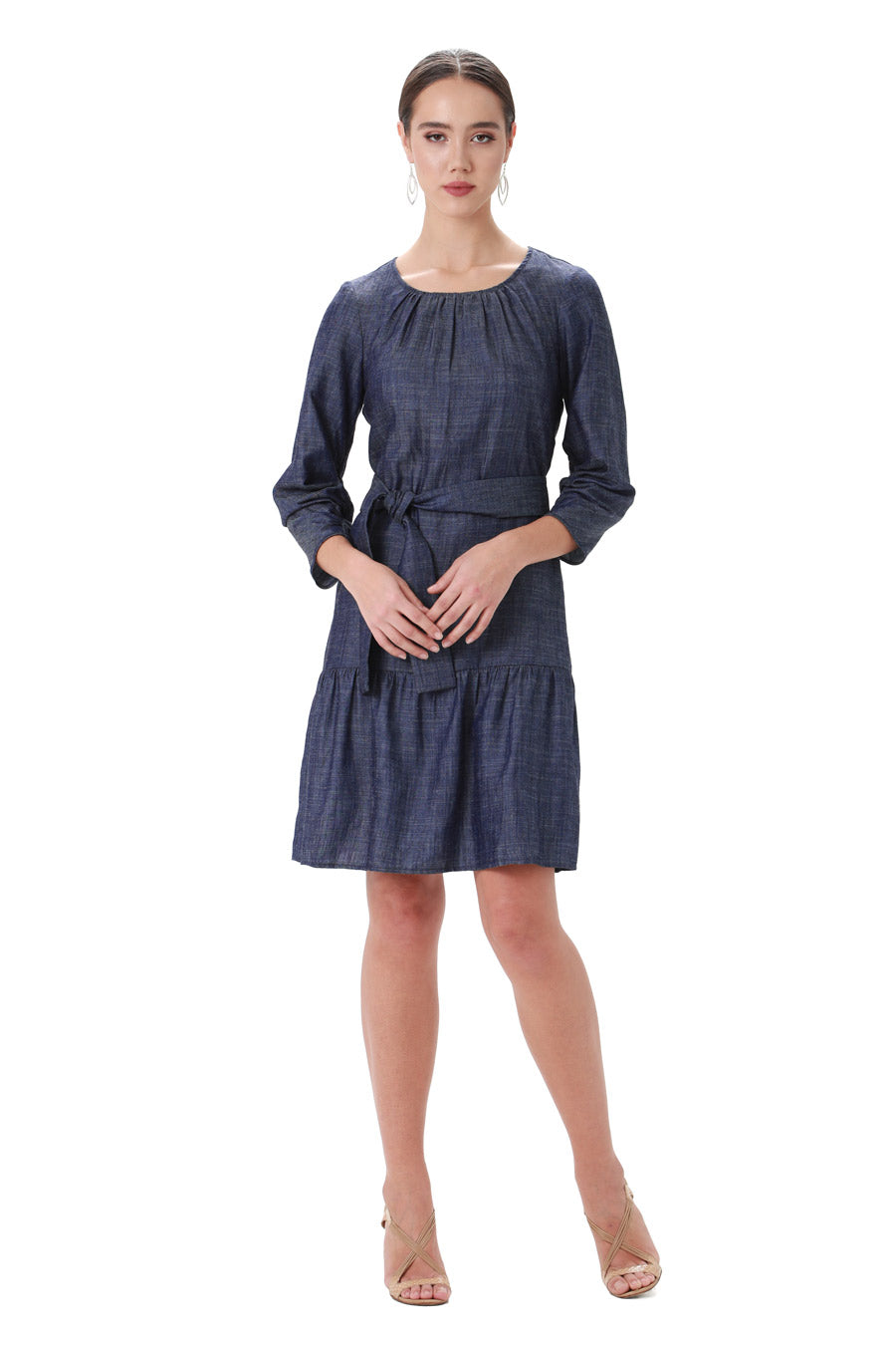 denim chambray belted flounce dress shirred sleeves