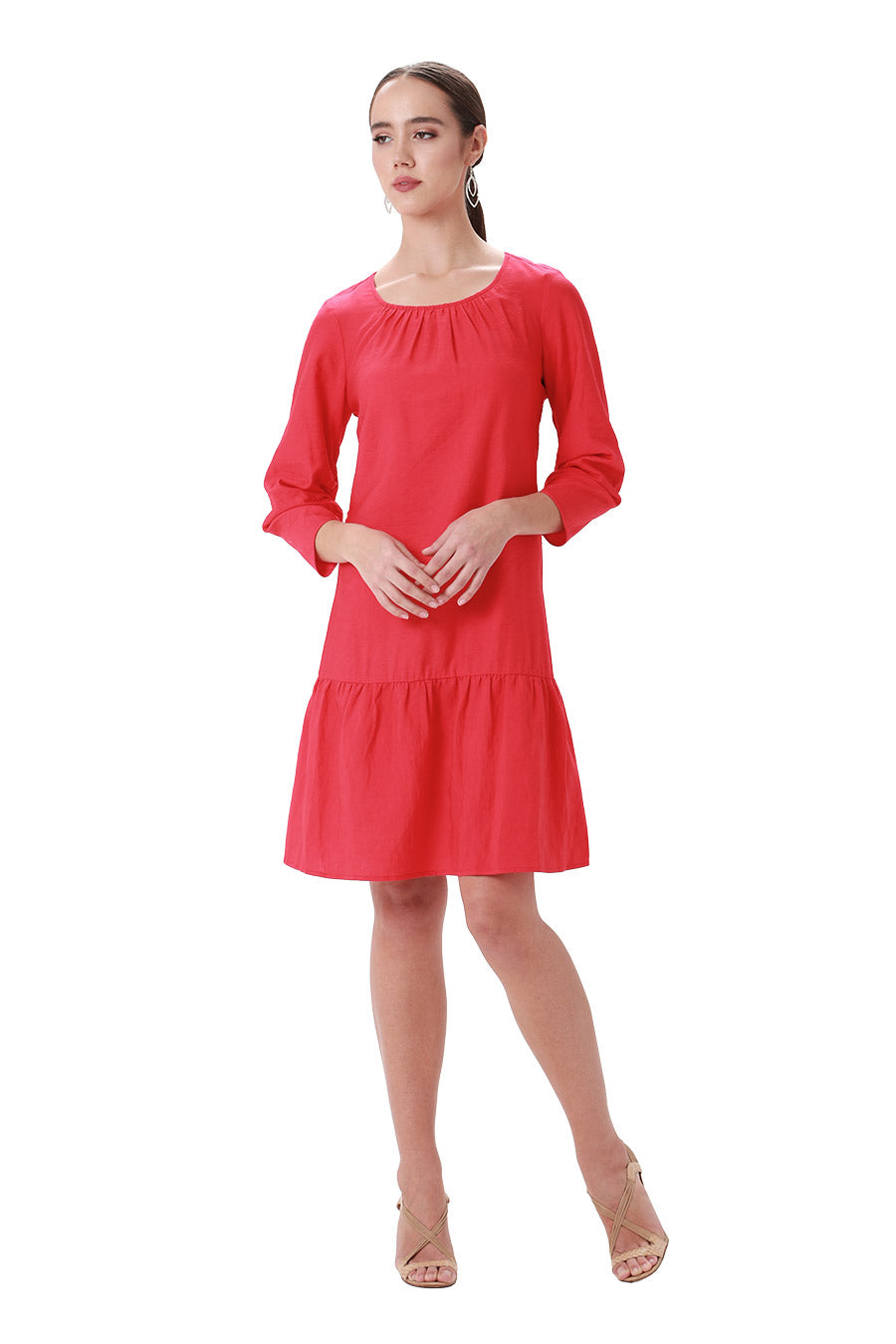 Red belted flounce dress shirred sleeves 