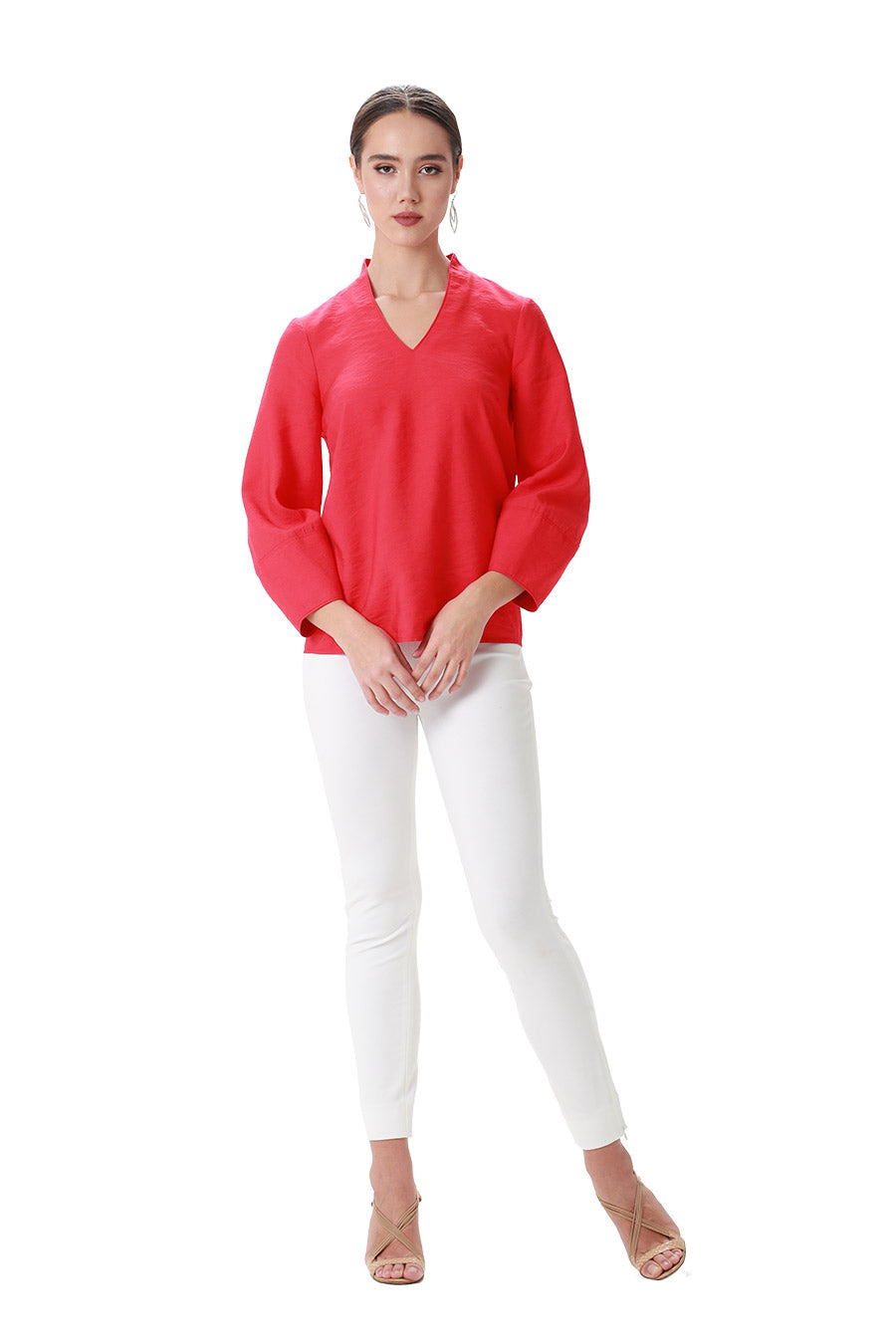 Red poly viscose vneck long sleeve lattern sleeve blouse