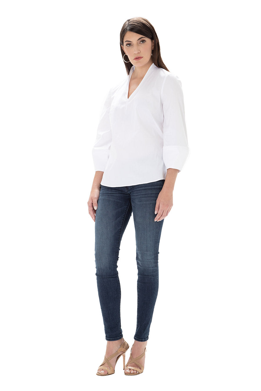 White cotton vneck long sleeve lattern sleeve blouse